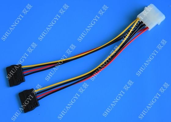 चीन 4P Molex To Dual SATA Flat Wire Harness And Cable Assembly Black Red Yellow With Y Cable Adapter आपूर्तिकर्ता